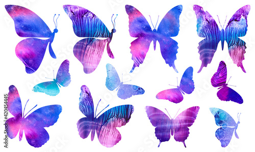 Hand drawn set of watercolor textures. Monotype, imprint. Butterflies on a white background. Blue, purple, pink, colors. Сreative wallpaper or design work, label, packaging, fabrics