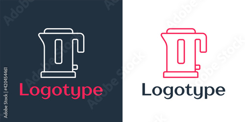 Logotype line Electric kettle icon isolated on white background. Teapot icon. Logo design template element. Vector