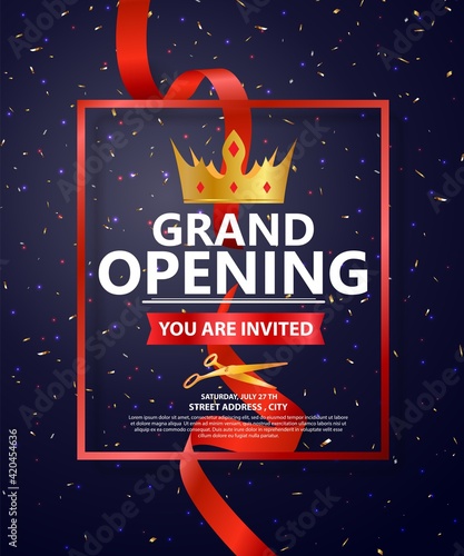 Grand opening card design with gold and ribbon with confetti