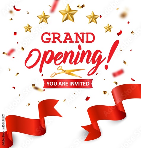 Grand opening card design with gold and ribbon with confetti