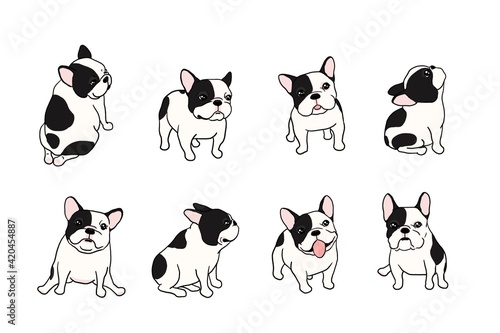 Hand drawn illustrations set of dogs on white background, French Bulldog breed 