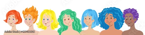 Seven beautiful happy young women with rainbow-colored hair. Banner in cartoon style. Isolated on white background. Vector flat illustration