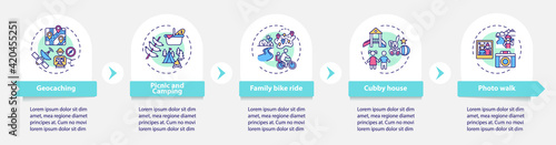 Outdoor family activities vector infographic template. Family bike ride presentation design elements. Data visualization with 5 steps. Process timeline chart. Workflow layout with linear icons