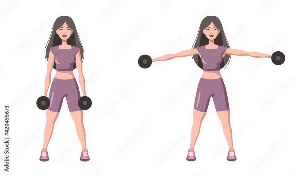 The girl performs an exercise for the shoulders breeding dumbbells
