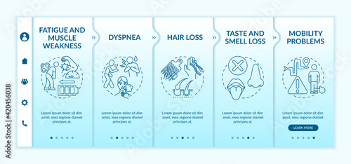 Fatigue and muscle weakness onboarding vector template. Loss smell and taste. Mobility problems. Responsive mobile website with icons. Webpage walkthrough step screens. RGB color concept