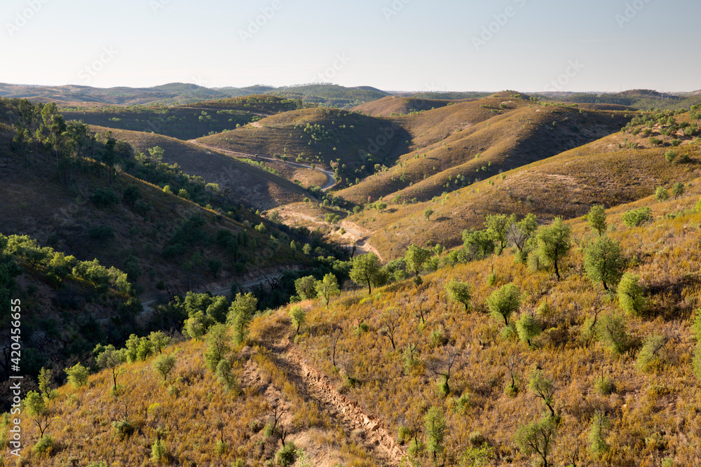 Naklejka premium Rolling hills landscape of northeastern Algarve, near Alcaria Alta, Algarve, Portugal, Europe