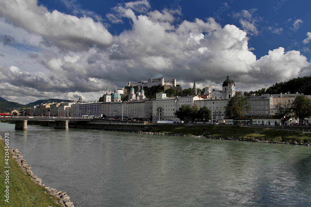 View of the city of Salzburg, the Cathedral, and the Hoenzalburg Fortress