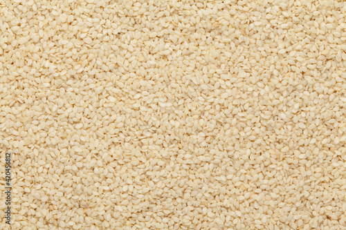 Close-up of Organic White Sesame seeds(Sesamum indicum) polished or white Til without shell Full-Frame Background. Top View