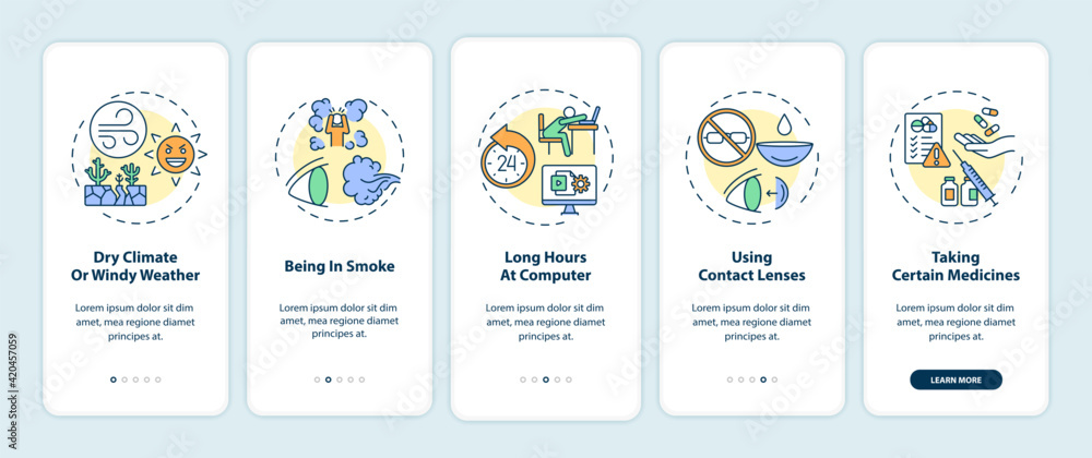 Dry eye causes onboarding mobile app page screen with concepts. Dry climate or windy weather walkthrough 5 steps graphic instructions. UI vector template with RGB color illustrations