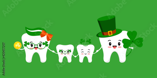 St Patrick day teeth family together isolated. Smiling tooth with faces - mum, dad, son, daughter with irish photo booth props shamrock leprechaun coin. Dental vector flat design cartoon illustration.