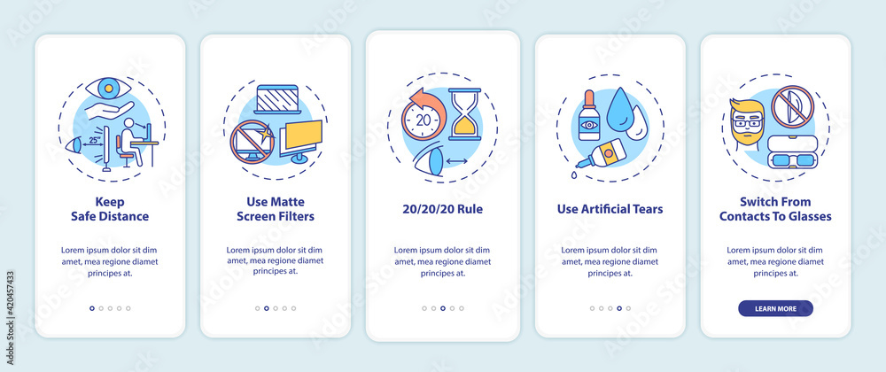 Digital eyestrain prevention tips onboarding mobile app page screen with concepts. Keep safe distance walkthrough 5 steps graphic instructions. UI vector template with RGB color illustrations