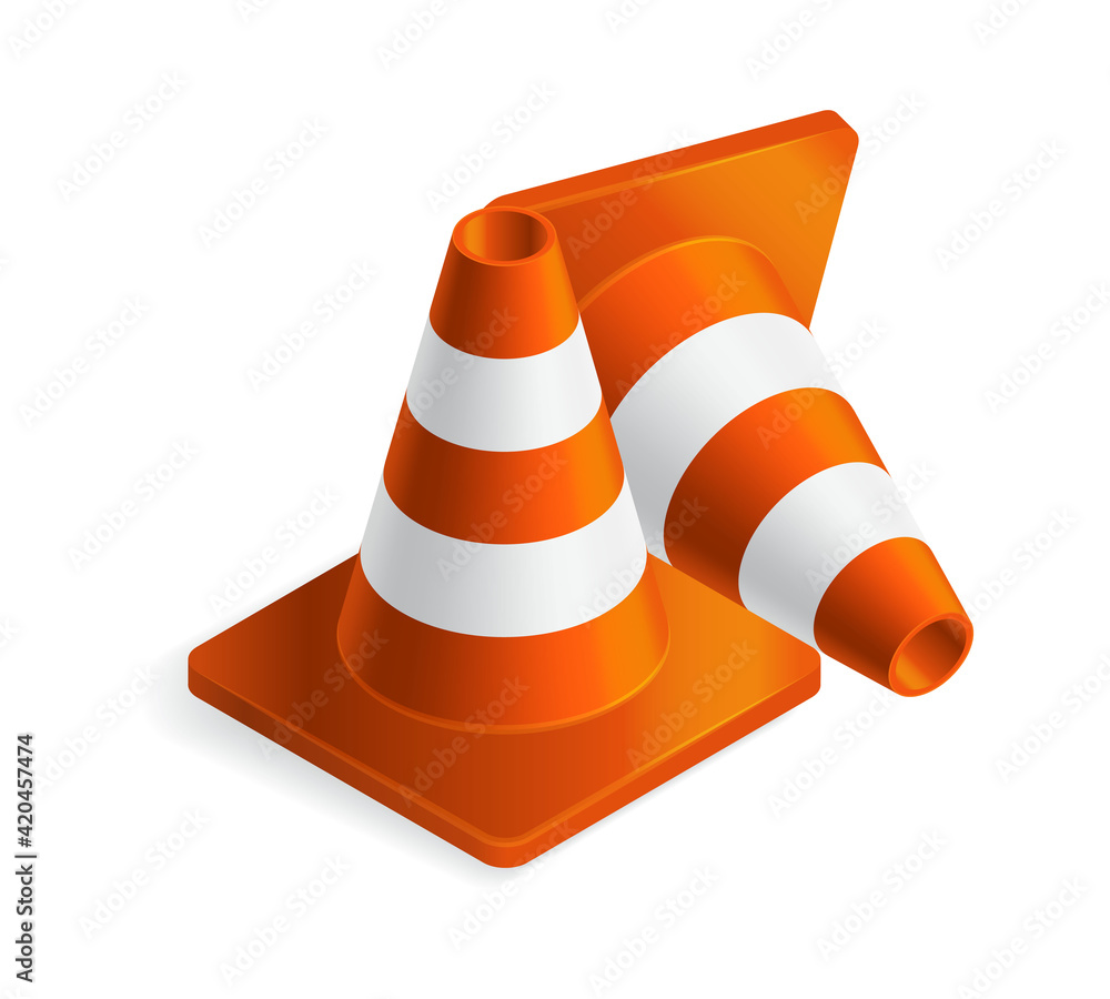 Vector illustration orange plastic traffic cones isolated on white background. Realistic orange road cones with stripes icon in flat cartoon style.