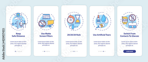 Digital eyestrain prevention tips onboarding mobile app page screen with concepts. Keep safe distance walkthrough 5 steps graphic instructions. UI vector template with RGB color illustrations