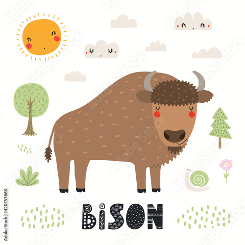 Cute funny bison in forest, woodland landscape, isolated on white. Hand drawn wild animal vector illustration. Scandinavian style flat design. Concept for kids fashion, textile print, poster, card