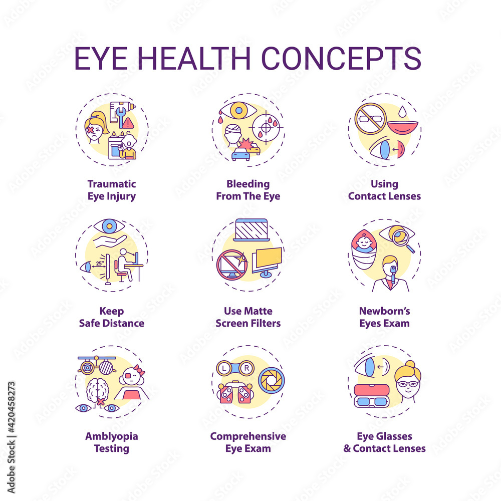 Eye health concept icons set. Traumatic eye injury. Bleeding from body organs. Use matte screen filters idea thin line RGB color illustrations. Vector isolated outline drawings. Editable stroke