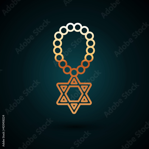 Gold line Star of David necklace on chain icon isolated on dark blue background. Jewish religion symbol. Symbol of Israel. Jewellery and accessory. Vector
