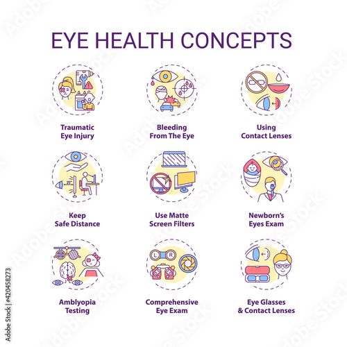 Eye health concept icons set. Traumatic eye injury. Bleeding from body organs. Use matte screen filters idea thin line RGB color illustrations. Vector isolated outline drawings. Editable stroke