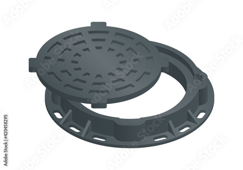 Vector illustration open sewer hatch isolated on white background. Realistic manhole cover icon in flat cartoon style. Well hatch. Open sewer pit with a hatch. Construction material.