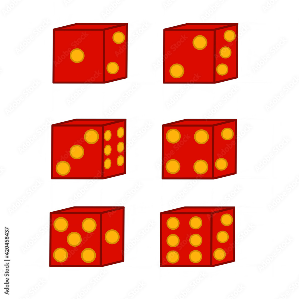 Red dice depicted with six sides. Illustration of red dice isolation on white background. Vector illustration Red dice depicted with six sides. Illustration of red dice isolation on white background. Vector illustration
