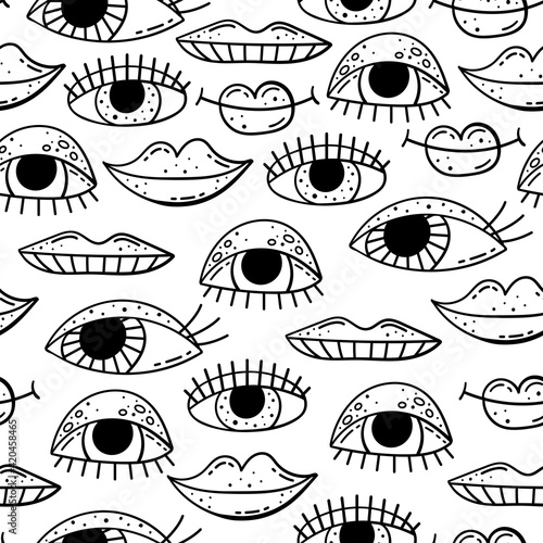 Hand drawn vector seamless pattern with doodles illustrations. Eyes and lips. Decorative background.