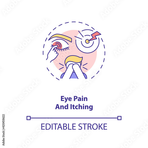 Eye pain and itching concept icon. Emergency eye exam reasons. Eye specialist or doctor treatment idea thin line illustration. Vector isolated outline RGB color drawing. Editable stroke
