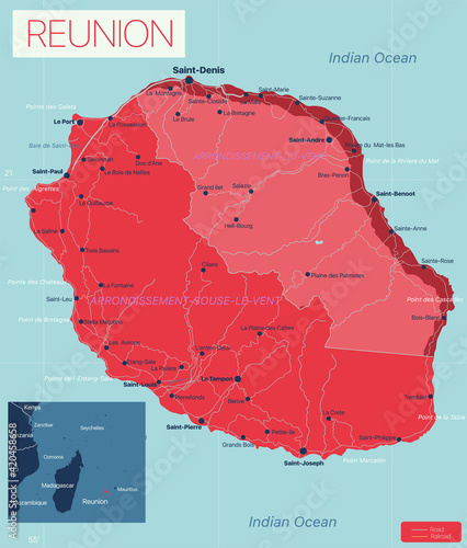 Reunion island detailed editable map