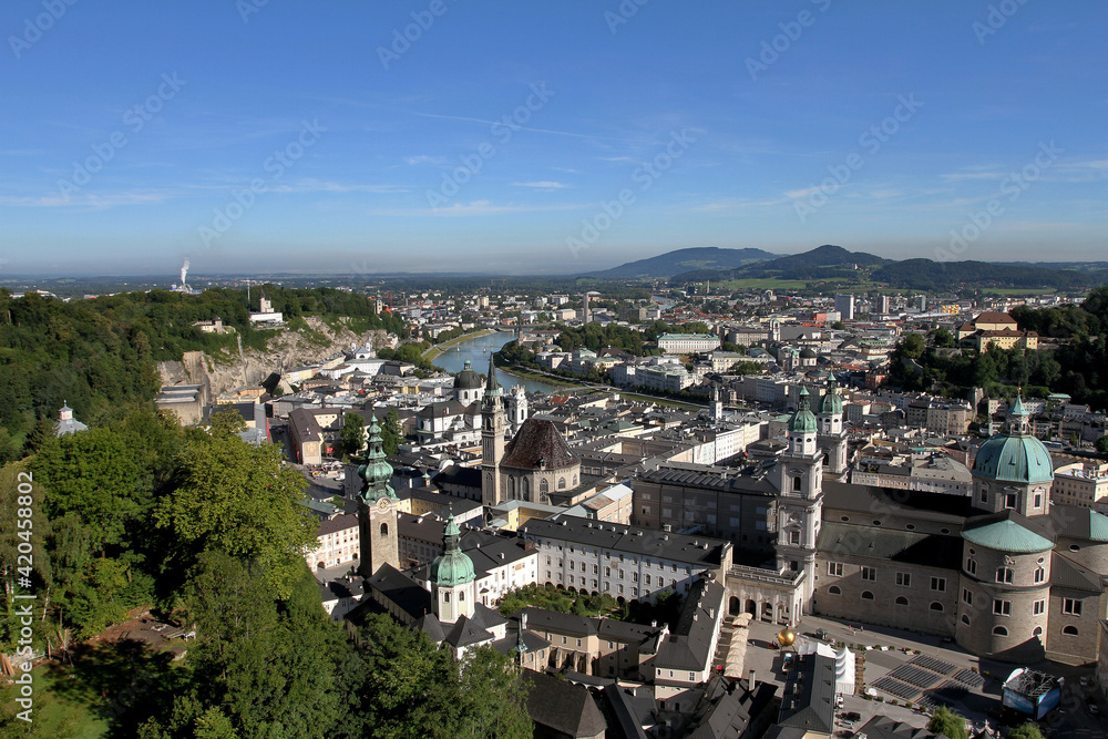 View of the city of Salzburg, the Cathedral, and the Hoenzalburg Fortress
