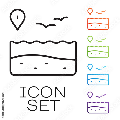 Black line Location with beach icon isolated on white background. Tropical beach landscape. Good sunny day. Set icons colorful. Vector