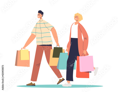 Happy family couple shopping. Young cartoon man and woman with shopping bags