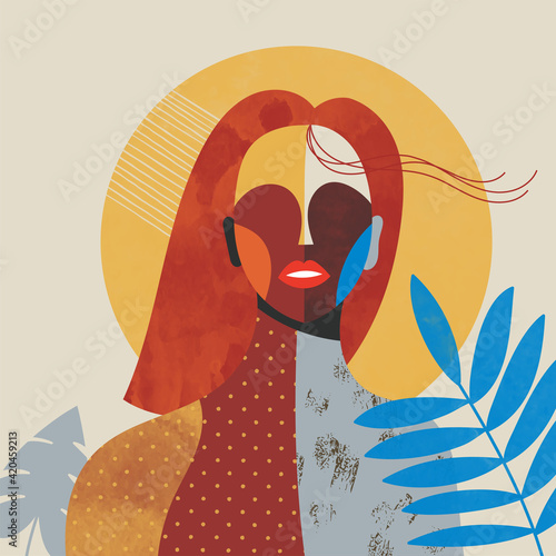 Abstract spring woman portrait illustration with different textures. 