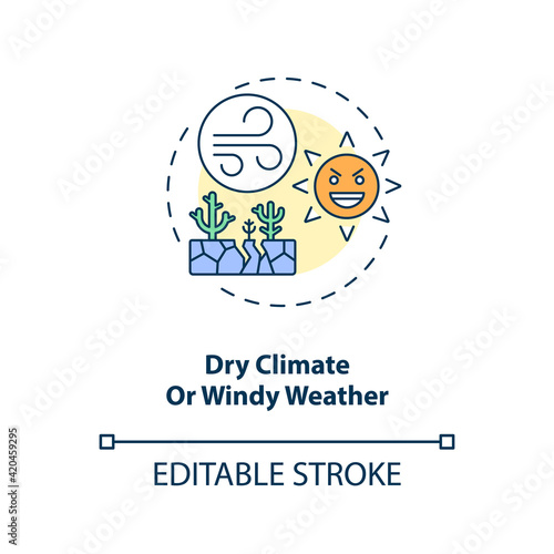 Dry climate or windy weather concept icon. Dry eye causes. Feeling that something is in your eyes idea thin line illustration. Vector isolated outline RGB color drawing. Editable stroke