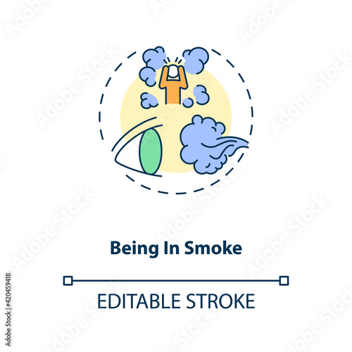 Being in smoke concept icon. Dry eye causes. Suffer from eye damaging from fire spreading conditions idea thin line illustration. Vector isolated outline RGB color drawing. Editable stroke