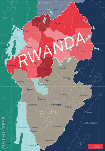 Rwanda country detailed editable map