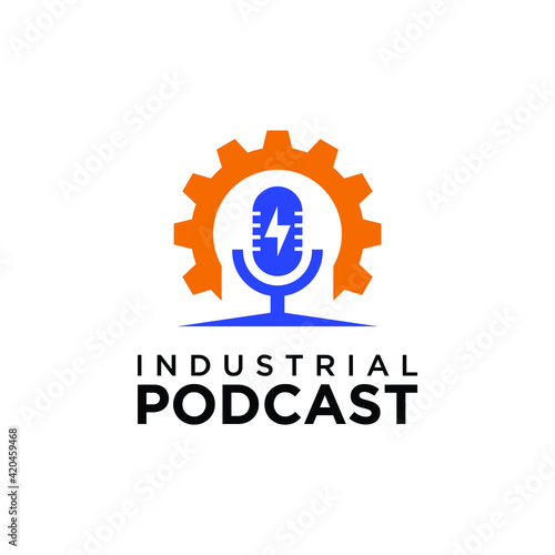 Industrial podcast logo with microphone, gear and bolt