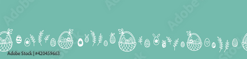 Lovely hand drawn horizontal Easter seamless pattern, cute eggs ad flowers, great for spring textiles, banners, wallpapers, backgrounds - vector design