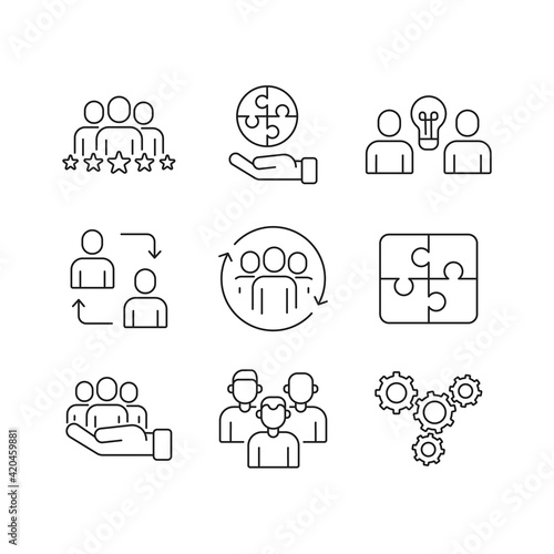 Teamwork related vector linear icons set. Contains icons such as synergy, collaboration, research, meetings and more. Editable stroke