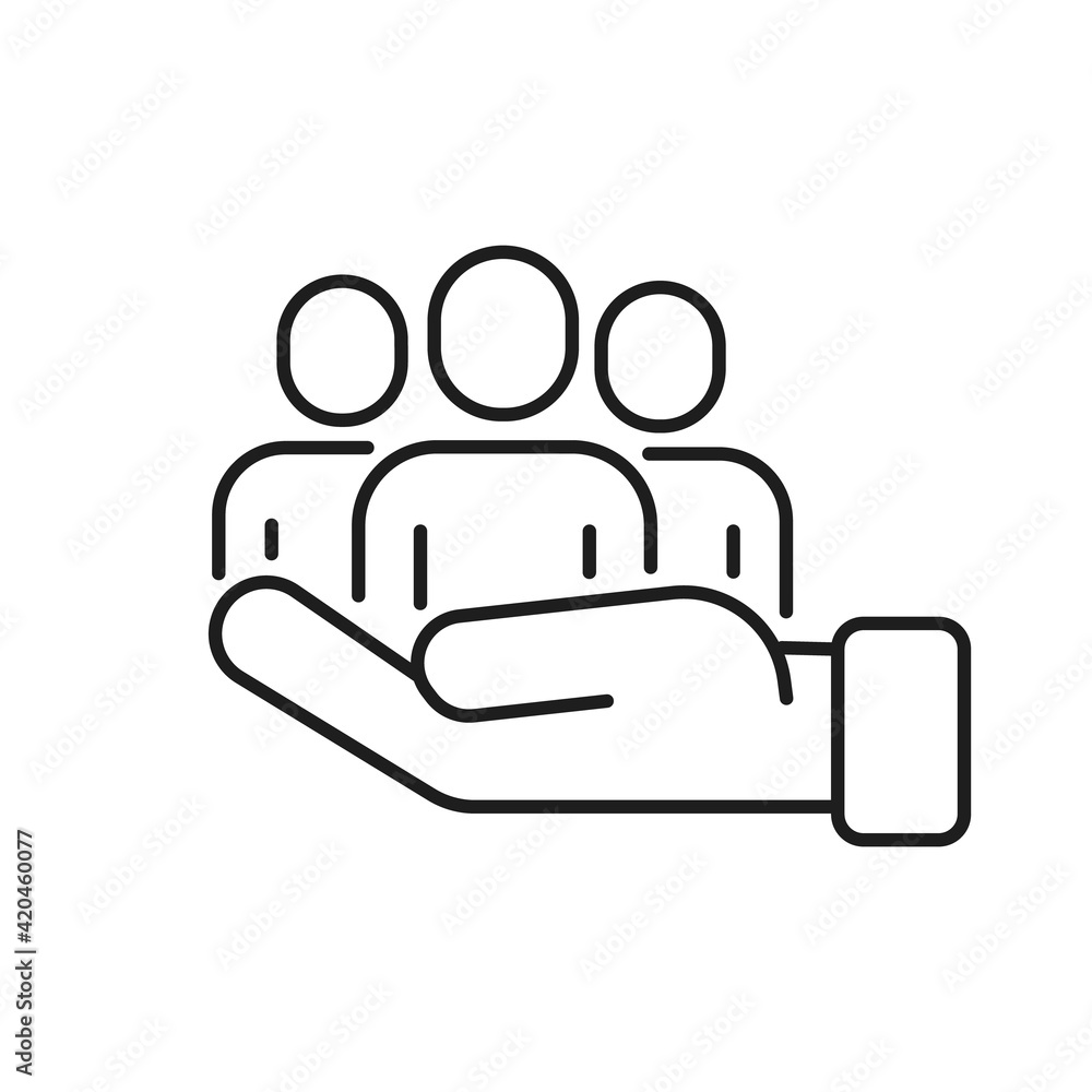 Teamwork people with hand related vector linear icon. Synergy, collaboration, research. Editable stroke