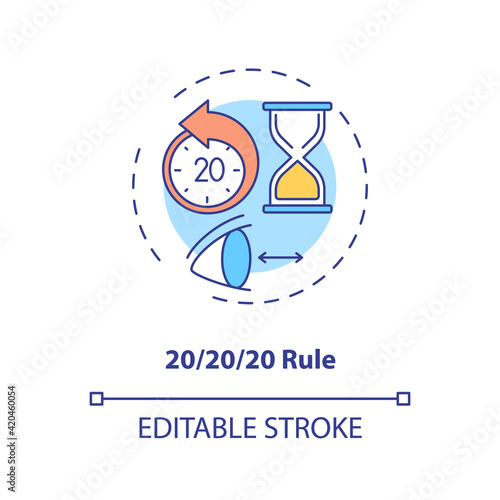 Use 20 20 20 rule concept icon. Digital eyestrain prevention tips. Ways to prevent eye strain idea thin line illustration. Vector isolated outline RGB color drawing. Editable stroke