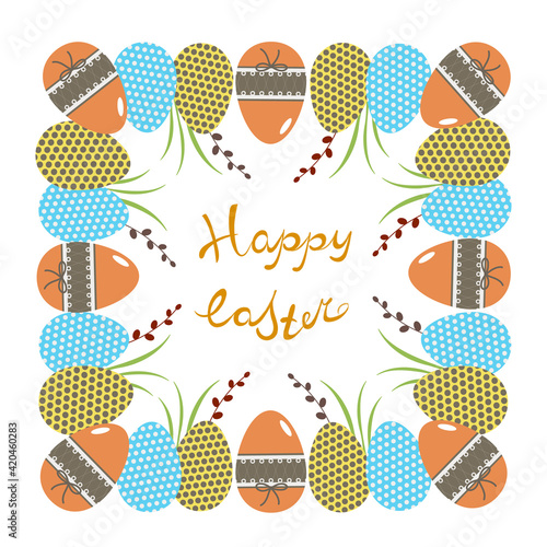 Vector illustration Happy Easter card with eggs, pussy willow branches and green leaves