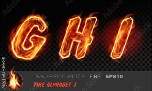 Alphabet of fire. Transparent realistic vector on dark background. Fiery font with light effect for your text. Letters GHI