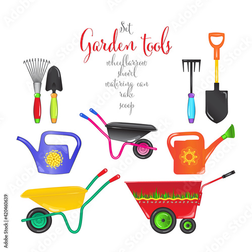 A set of tools for working in the garden, vegetable garden and flower garden - wheelbarrows, rakes, watering can, shovel, scoop. Cartoon style. Isolated over white background.