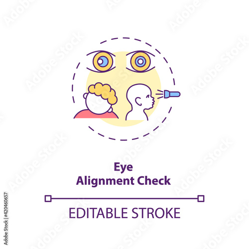 Eye alignment check concept icon. Eye screening for children. Comparing the light reflex of both eyes idea thin line illustration. Vector isolated outline RGB color drawing. Editable stroke