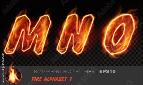 Alphabet of fire. Transparent realistic vector on dark background. Fiery font with light effect for your text. Letters MNO