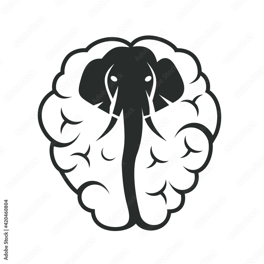 an elephant and brain illustration in black and white format. an elephant and brain illustration in black and white format.
