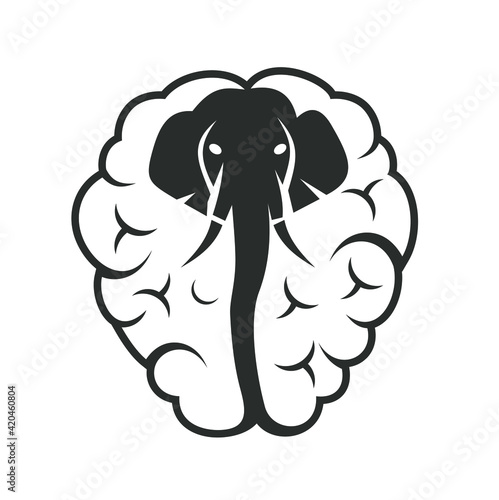 an elephant and brain illustration in black and white format.