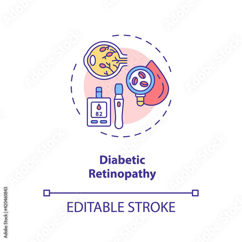 Diabetic retinopathy concept icon. Adults eyes diseases. Damage occurs to retina due to diabetes mellitus idea thin line illustration. Vector isolated outline RGB color drawing. Editable stroke