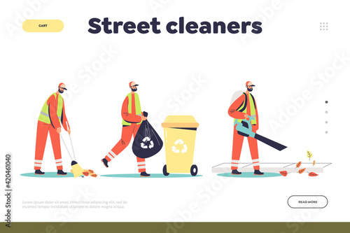 Street cleaners concept of landing page with team of janitor cleaning street and gathering garbage