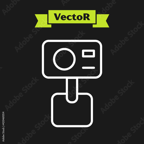 White line Action extreme camera icon isolated on black background. Video camera equipment for filming extreme sports. Vector
