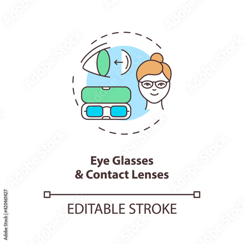 Eye glasses and contact lenses concept icon. Eye diseases treatment methods. Vision correction equipment idea thin line illustration. Vector isolated outline RGB color drawing. Editable stroke