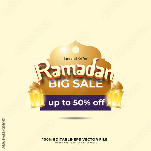 Ramadan Kareem Label sale banner, sticker, badge, ads pop up banner. Special offer Ramadan Big Sale. Islamic promotion vector illustration with realistic and Luxury style